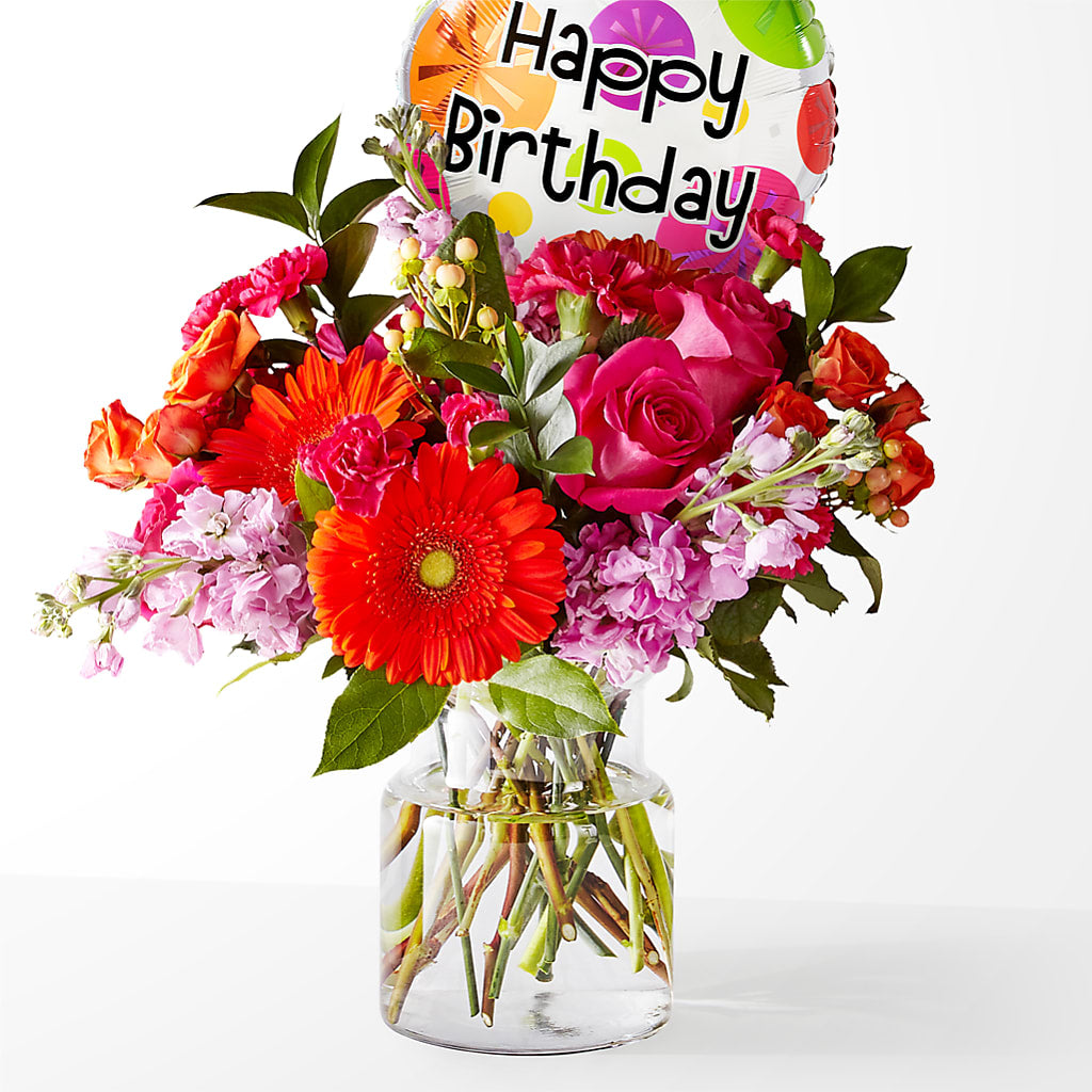 Fiesta Bouquet with Birthday Balloon – TIM'S TREEHOUSE NURSERY & FLORAL, Sutherlin OR
