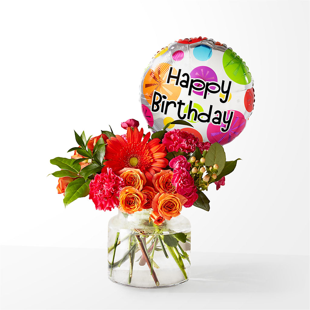 Fiesta Bouquet with Birthday Balloon – TIM'S TREEHOUSE NURSERY & FLORAL, Sutherlin OR