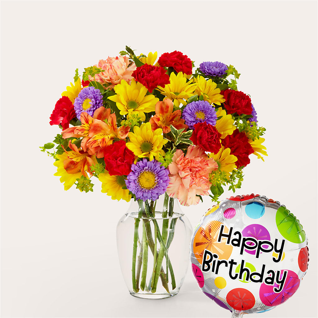 Kaleidoscope Bouquet with Birthday Balloon – TIM'S TREEHOUSE NURSERY & FLORAL, Sutherlin OR