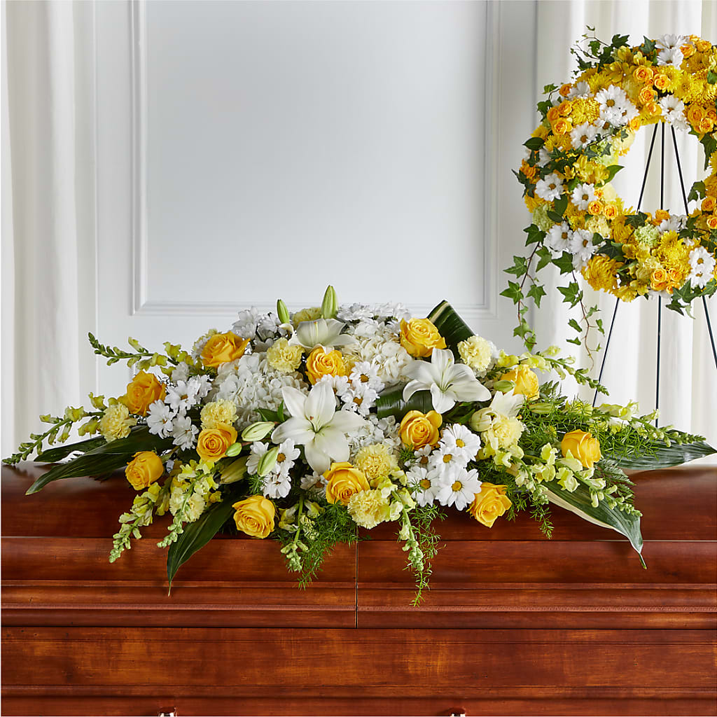Golden Harmony Casket Spray – TIM'S TREEHOUSE NURSERY & FLORAL, Sutherlin OR