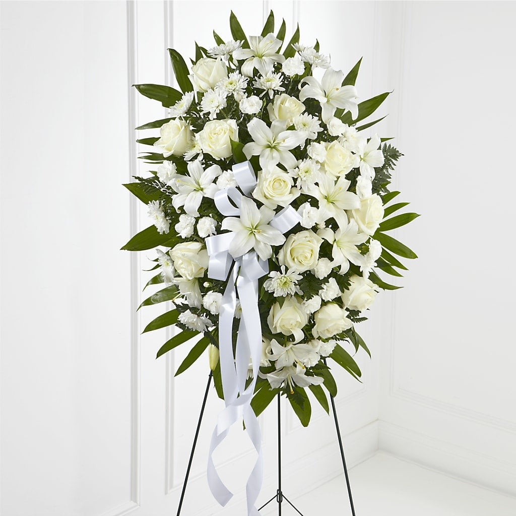 Exquisite Tribute Standing Spray-White Ribbon – TIM'S TREEHOUSE NURSERY & FLORAL, Sutherlin OR