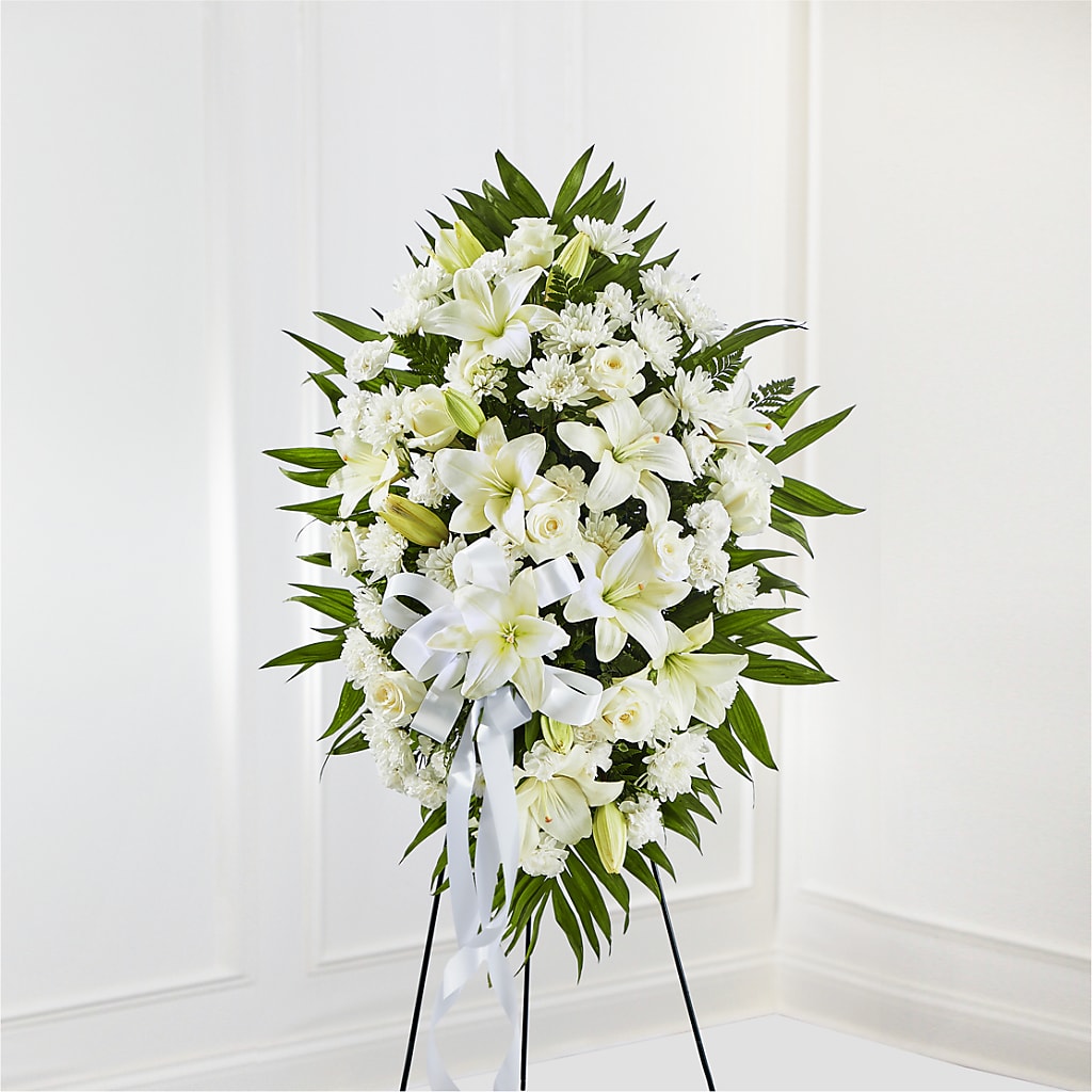 Exquisite Tribute Standing Spray-White Ribbon – TIM'S TREEHOUSE NURSERY & FLORAL, Sutherlin OR