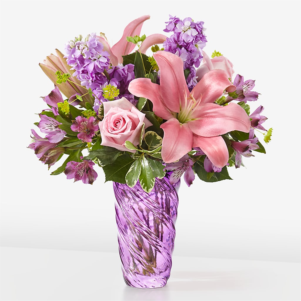 Precious Petals Bouquet with Luxe Swirl Vase – TIM'S TREEHOUSE NURSERY & FLORAL, Sutherlin OR
