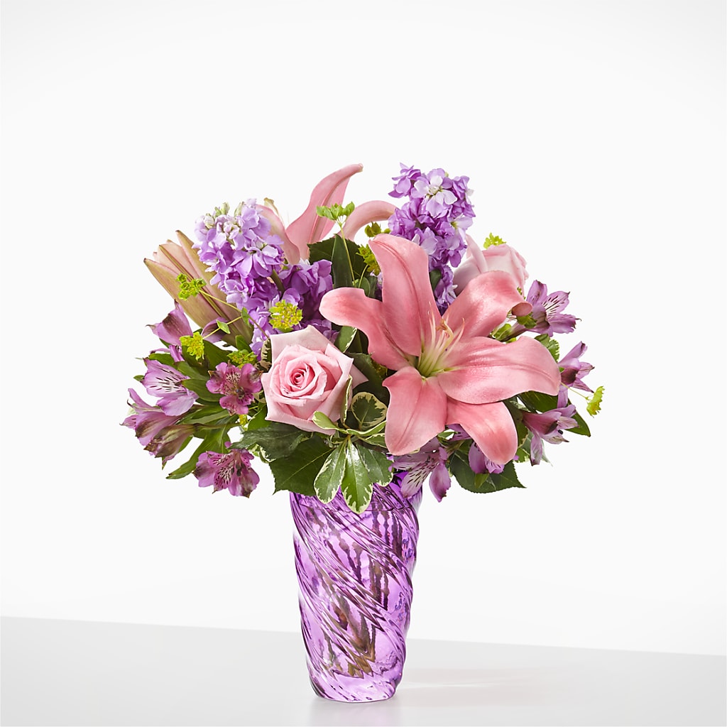 Precious Petals Bouquet with Luxe Swirl Vase – TIM'S TREEHOUSE NURSERY & FLORAL, Sutherlin OR