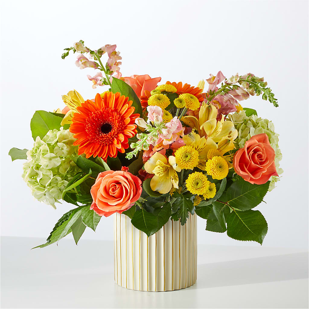 Autumn Sunshine Bouquet with Ivory Vase – TIM'S TREEHOUSE NURSERY & FLORAL, Sutherlin OR